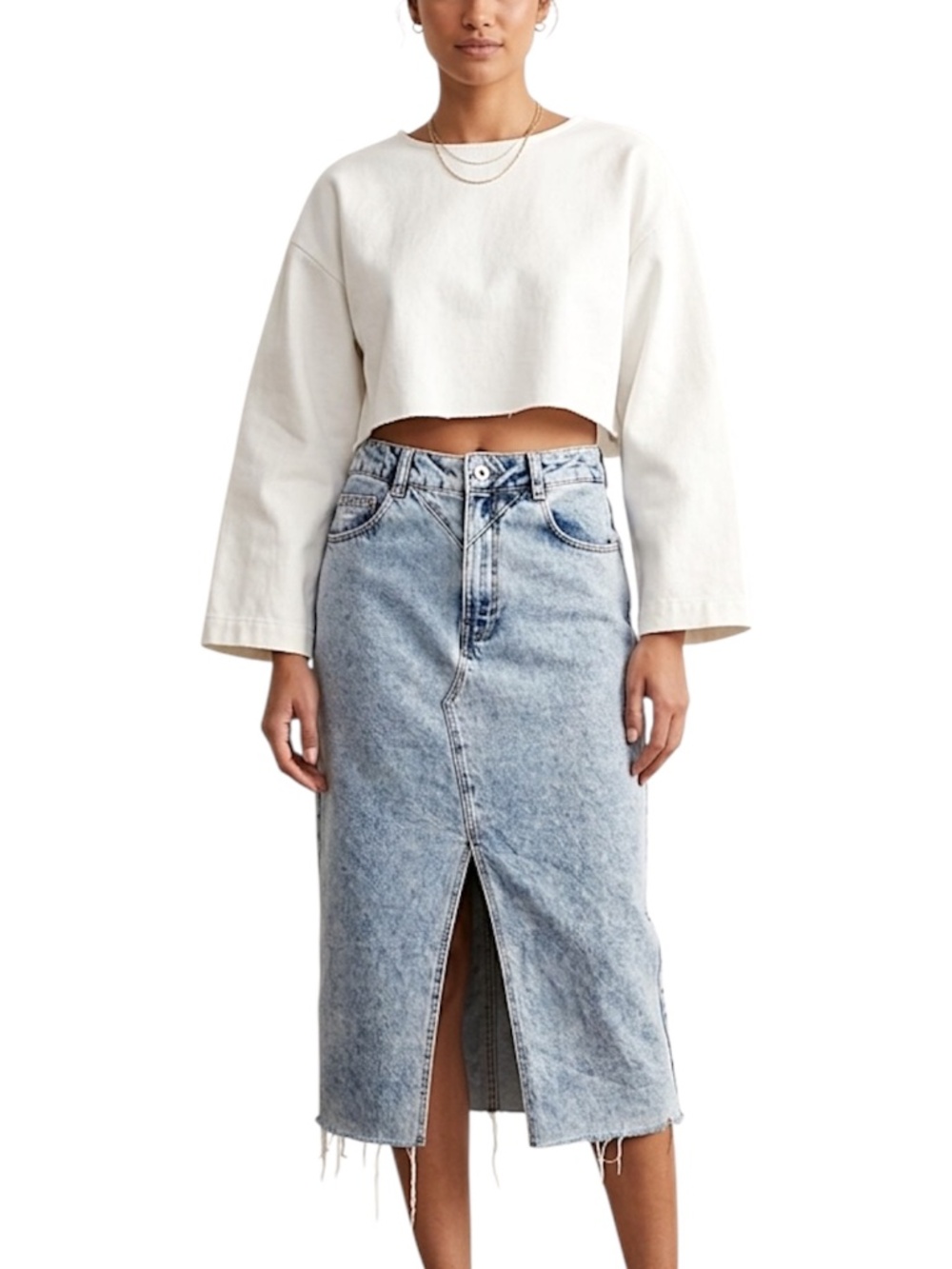 Lefties Spain retro style front yoke acid wash cotton denim jean midi skirt S